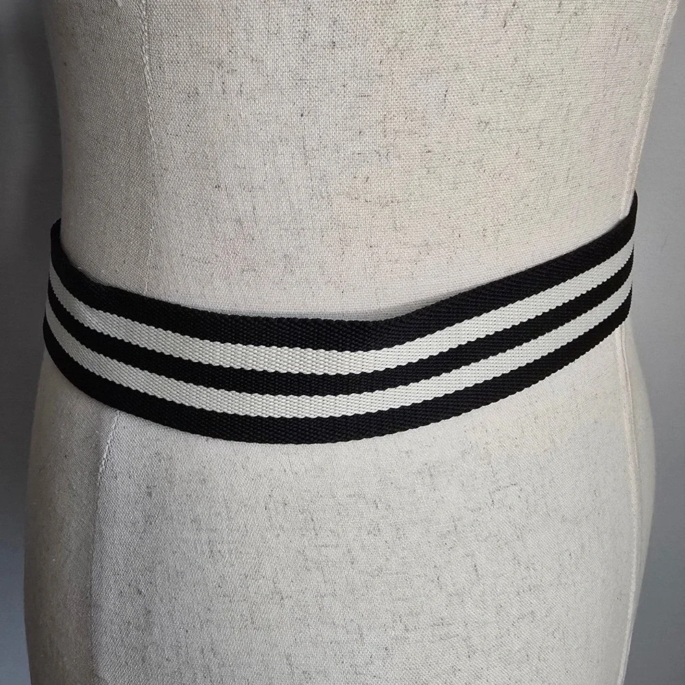 Victor Hugo Nautical Black Ivory Stripe Canvas D-Ring Leather Belt SZ 93 US 10